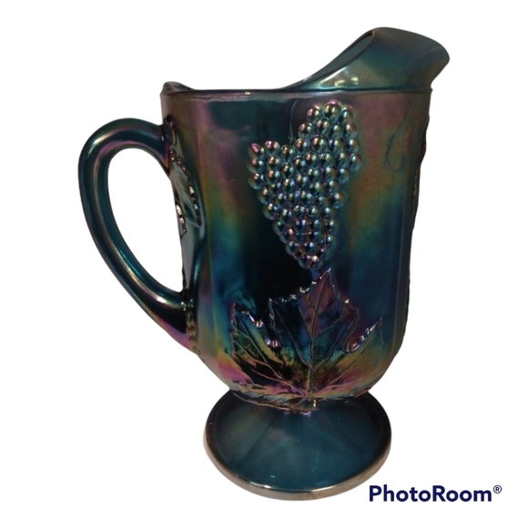 Vintage Carnival Glass Blue Iridescent Harvest Grape Pitcher - Picture 2 of 4